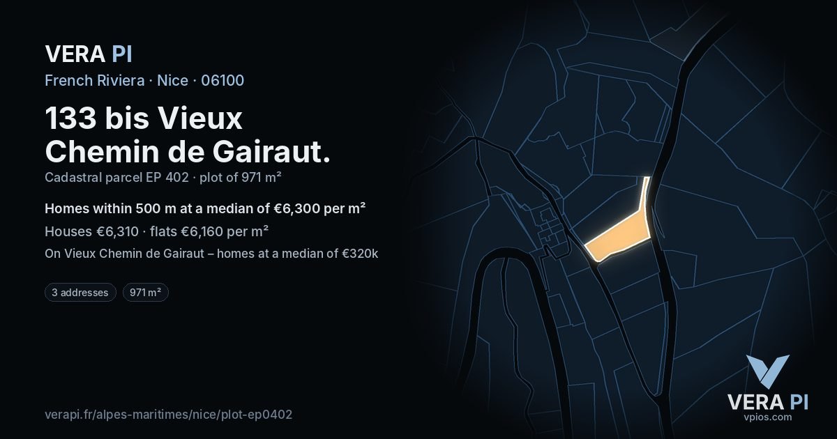 133 bis Vieux Chemin de Gairaut, Nice at night – the plot lit, the parcels around coloured by the prices near them