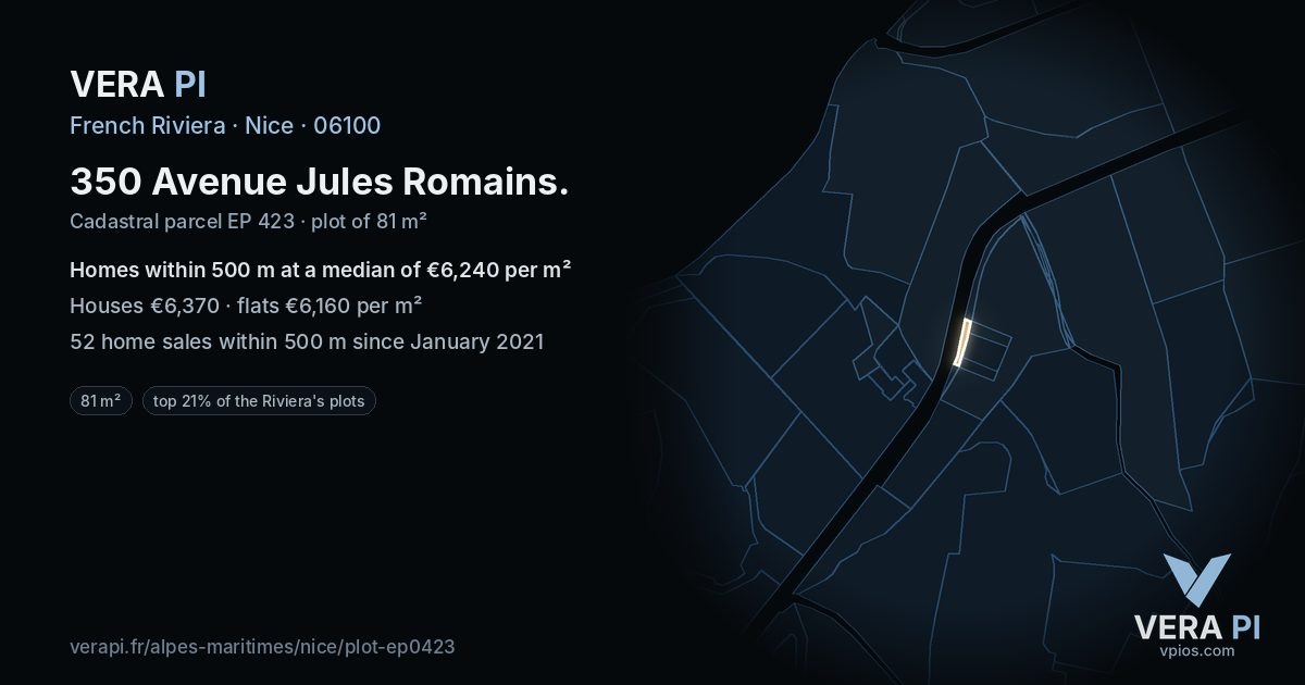 350 Avenue Jules Romains, Nice at night – the plot lit, the parcels around coloured by the prices near them
