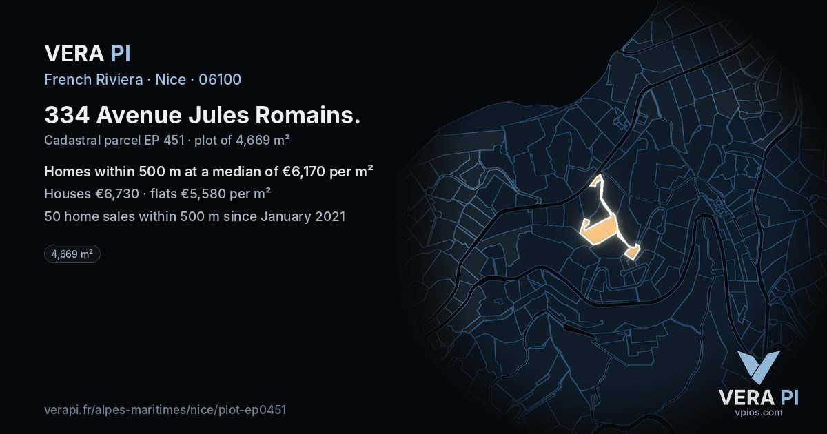 334 Avenue Jules Romains, Nice at night – the plot lit, the parcels around coloured by the prices near them