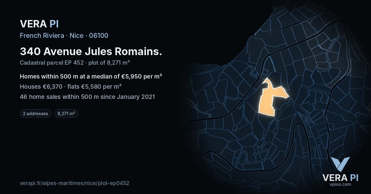 340 Avenue Jules Romains, Nice at night – the plot lit, the parcels around coloured by the prices near them