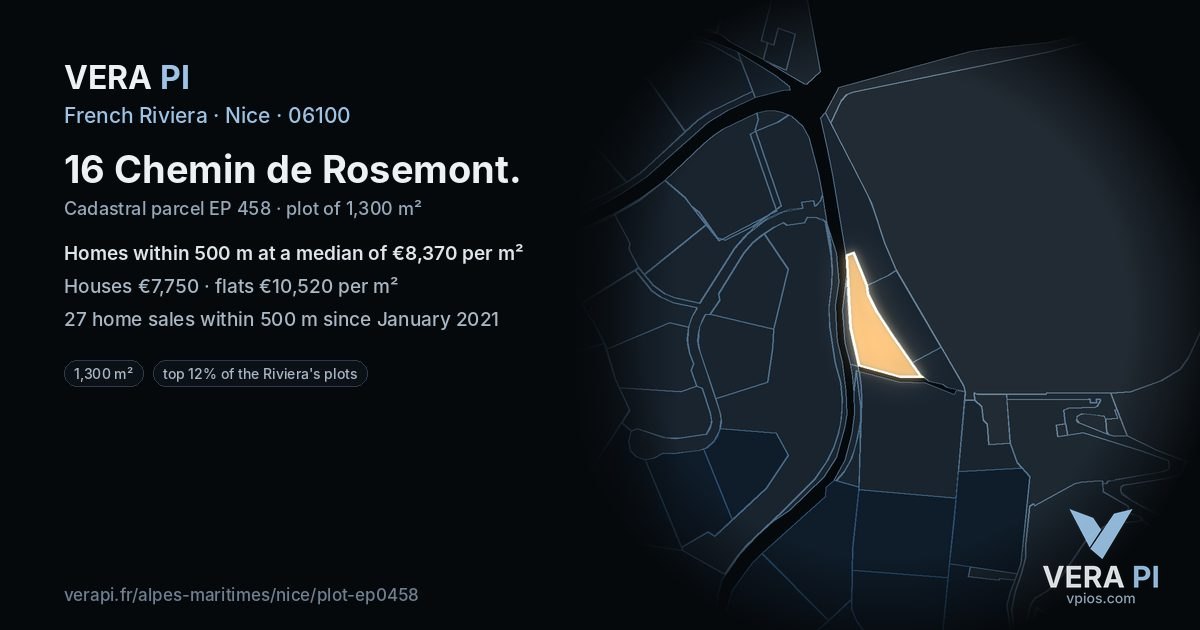 16 Chemin de Rosemont, Nice at night – the plot lit, the parcels around coloured by the prices near them