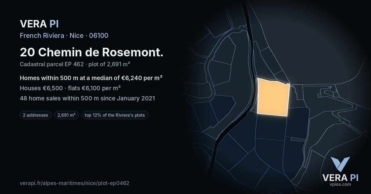 20 Chemin de Rosemont, Nice at night – the plot lit, the parcels around coloured by the prices near them