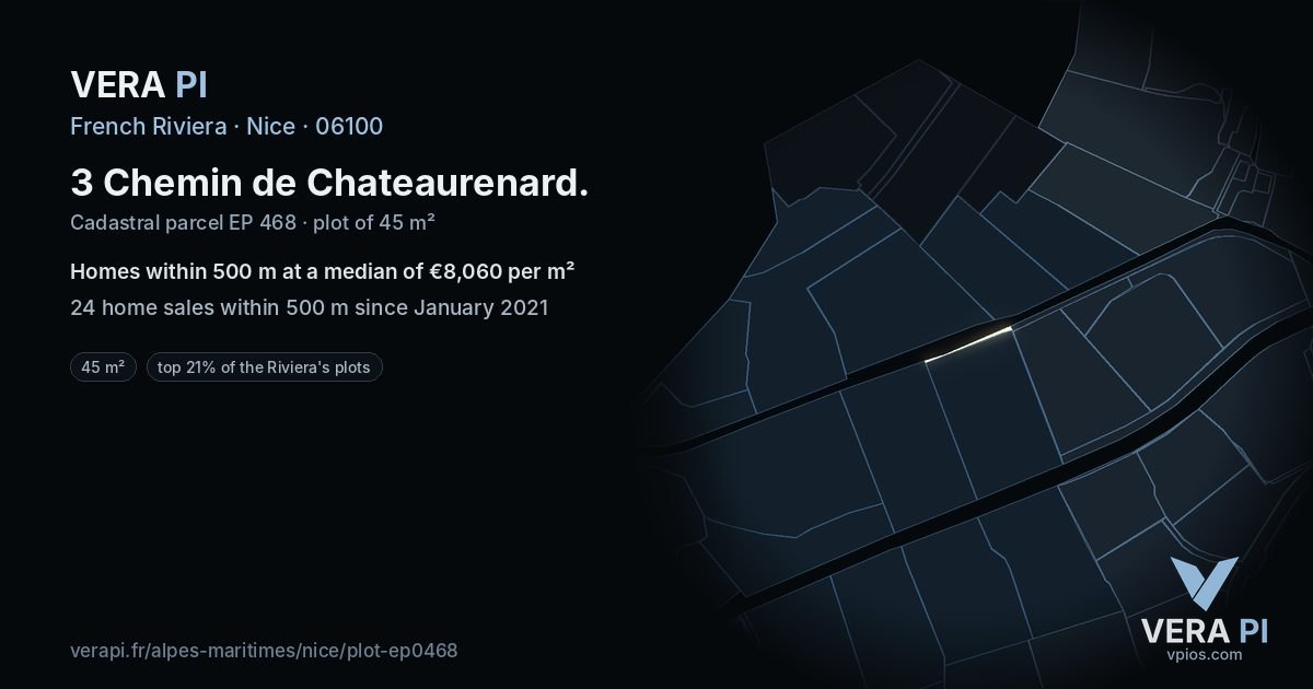 3 Chemin de Chateaurenard, Nice at night – the plot lit, the parcels around coloured by the prices near them