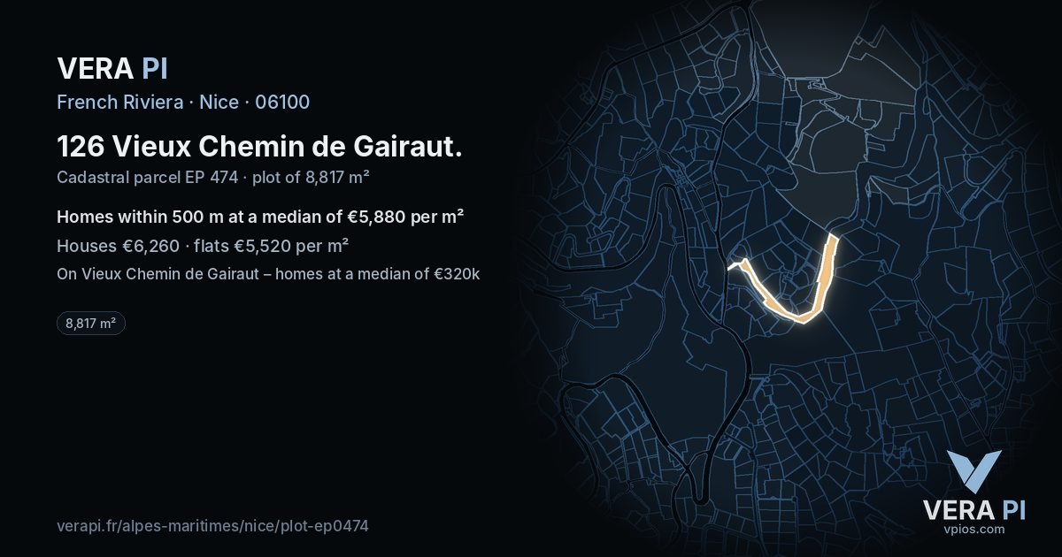 126 Vieux Chemin de Gairaut, Nice at night – the plot lit, the parcels around coloured by the prices near them