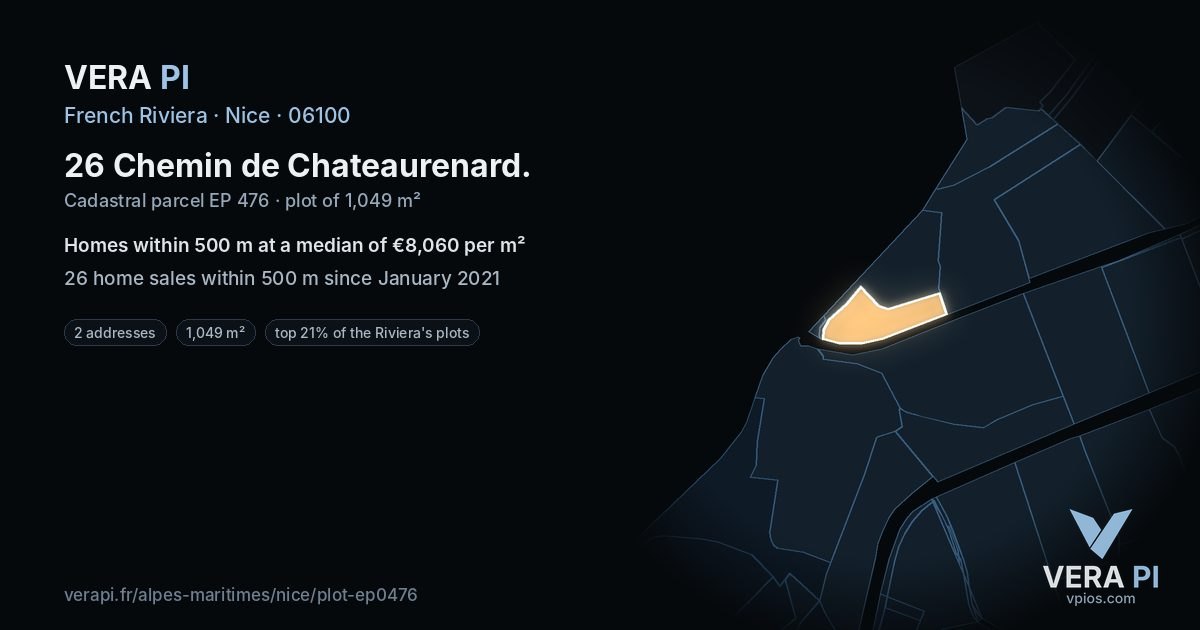 26 Chemin de Chateaurenard, Nice at night – the plot lit, the parcels around coloured by the prices near them