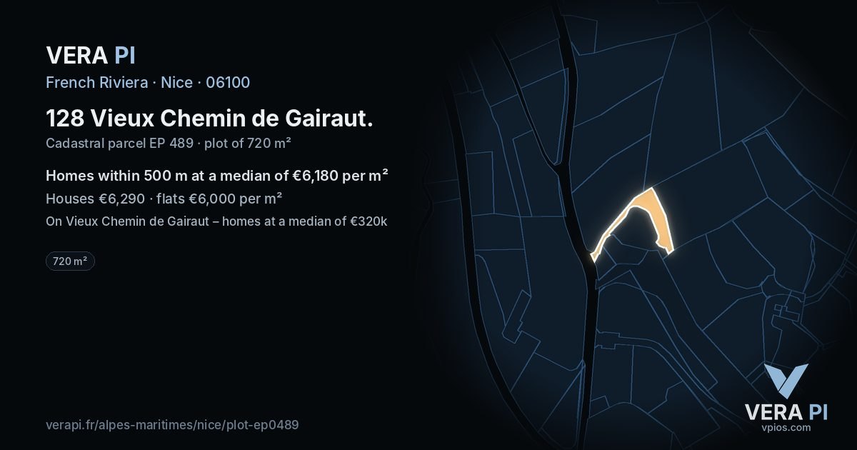 128 Vieux Chemin de Gairaut, Nice at night – the plot lit, the parcels around coloured by the prices near them