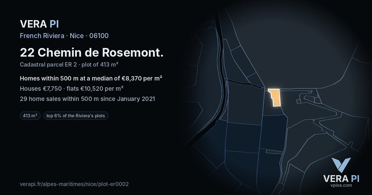 22 Chemin de Rosemont, Nice at night – the plot lit, the parcels around coloured by the prices near them