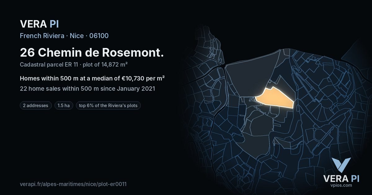 26 Chemin de Rosemont, Nice at night – the plot lit, the parcels around coloured by the prices near them