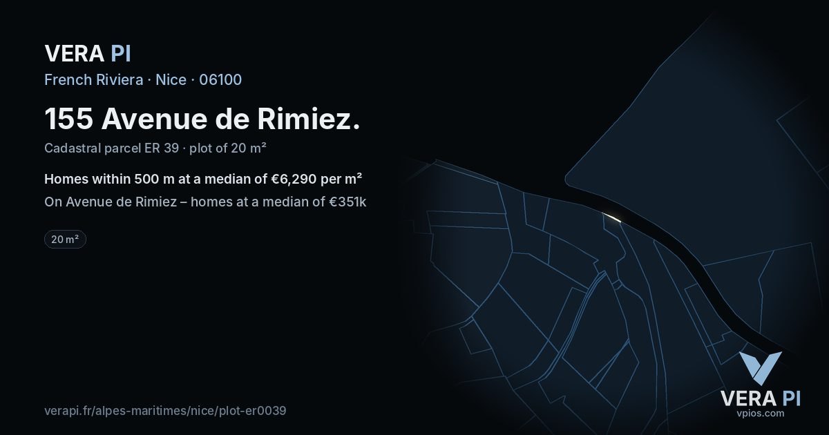 155 Avenue de Rimiez, Nice at night – the plot lit, the parcels around coloured by the prices near them