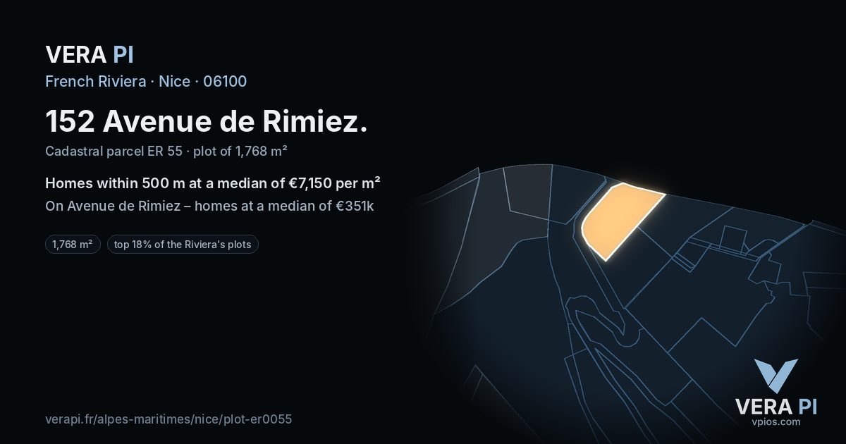152 Avenue de Rimiez, Nice at night – the plot lit, the parcels around coloured by the prices near them