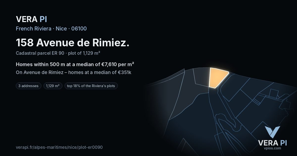 158 Avenue de Rimiez, Nice at night – the plot lit, the parcels around coloured by the prices near them