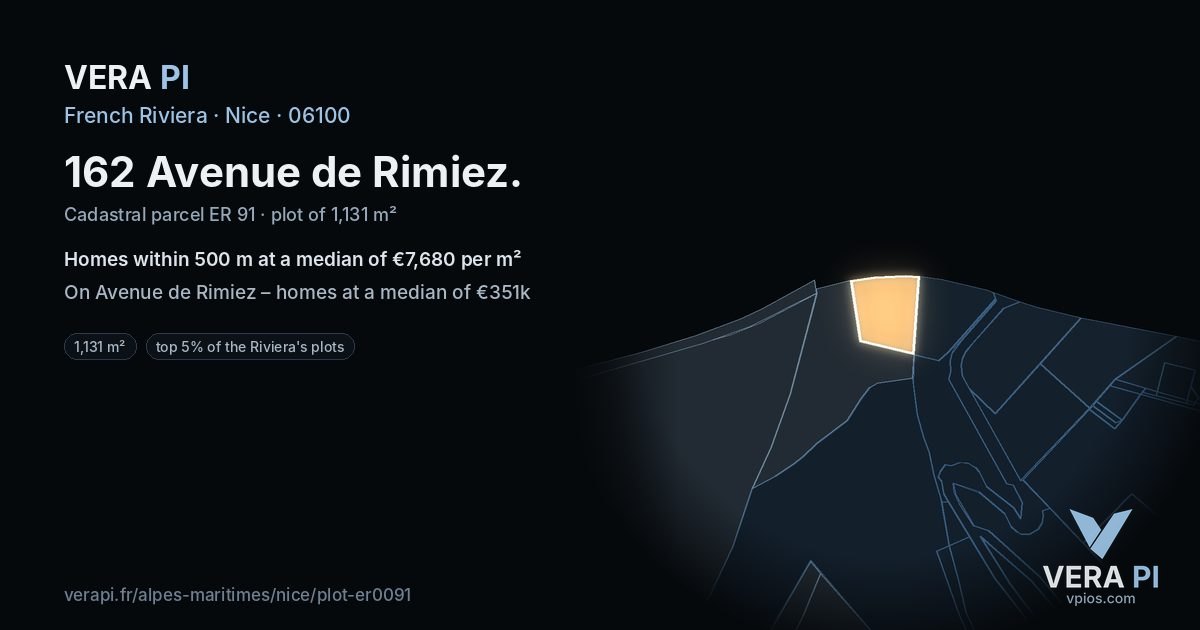 162 Avenue de Rimiez, Nice at night – the plot lit, the parcels around coloured by the prices near them