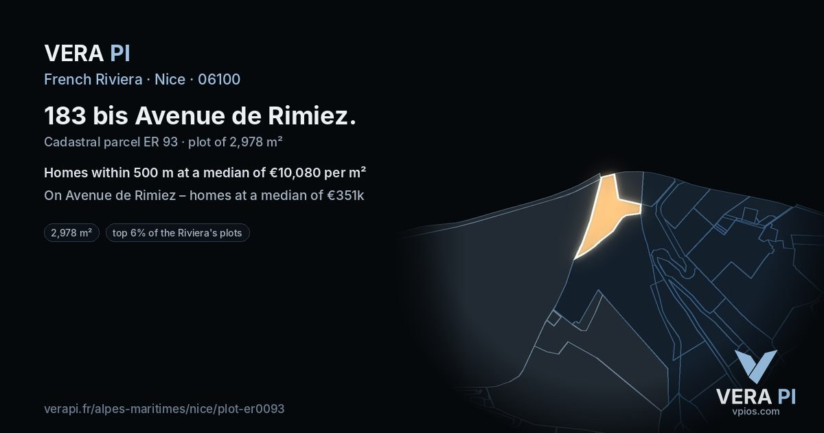 183 bis Avenue de Rimiez, Nice at night – the plot lit, the parcels around coloured by the prices near them