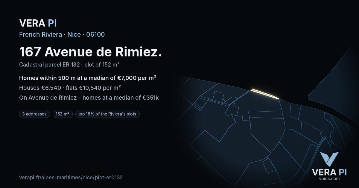 167 Avenue de Rimiez, Nice at night – the plot lit, the parcels around coloured by the prices near them