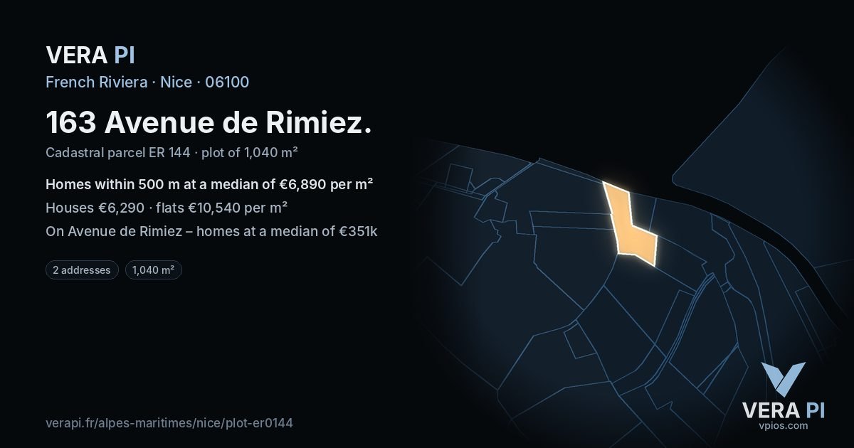 163 Avenue de Rimiez, Nice at night – the plot lit, the parcels around coloured by the prices near them