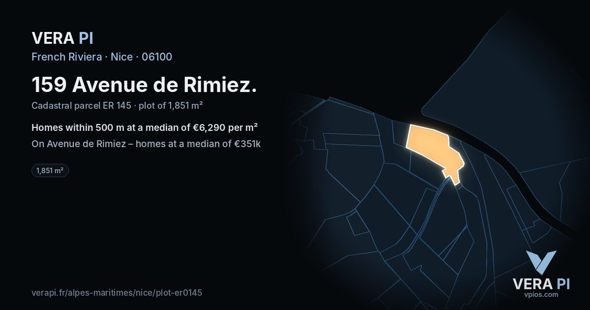 159 Avenue de Rimiez, Nice at night – the plot lit, the parcels around coloured by the prices near them
