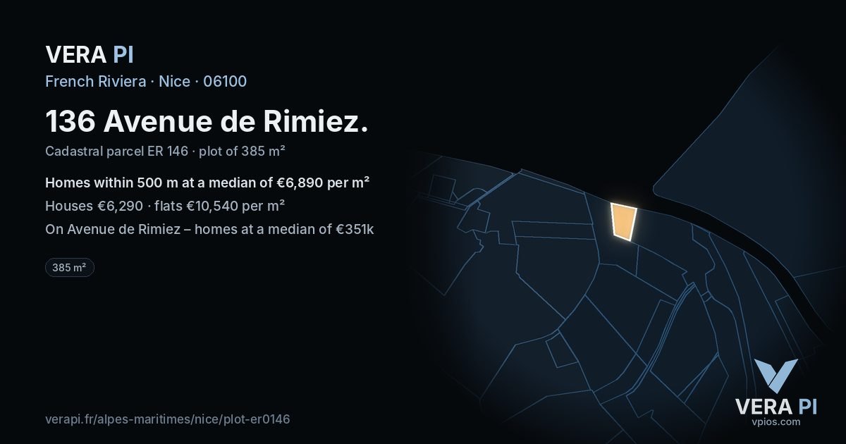 136 Avenue de Rimiez, Nice at night – the plot lit, the parcels around coloured by the prices near them