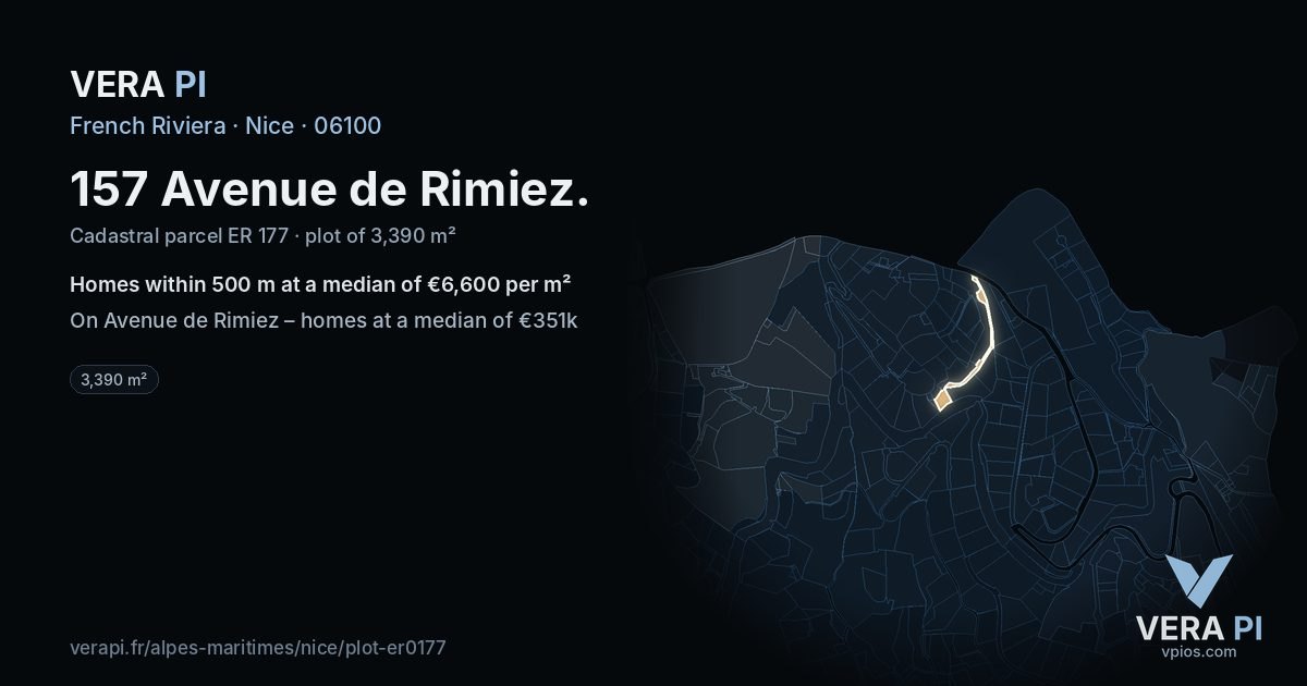 157 Avenue de Rimiez, Nice at night – the plot lit, the parcels around coloured by the prices near them