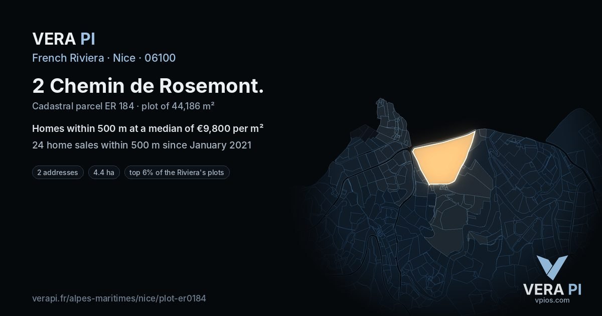 2 Chemin de Rosemont, Nice at night – the plot lit, the parcels around coloured by the prices near them