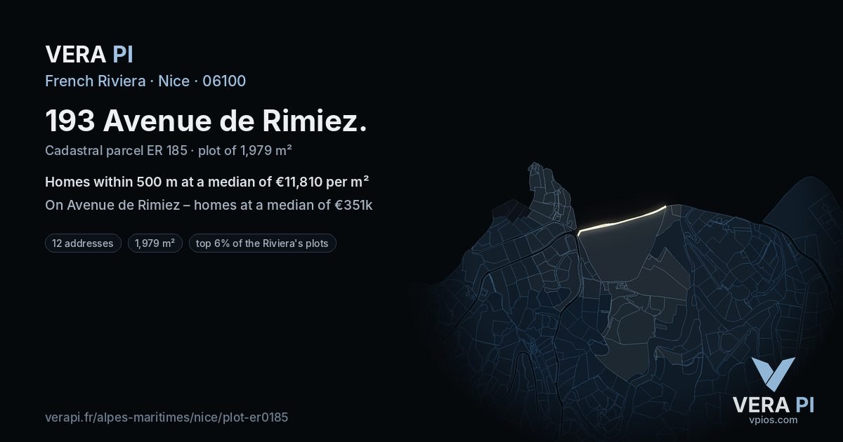 193 Avenue de Rimiez, Nice at night – the plot lit, the parcels around coloured by the prices near them