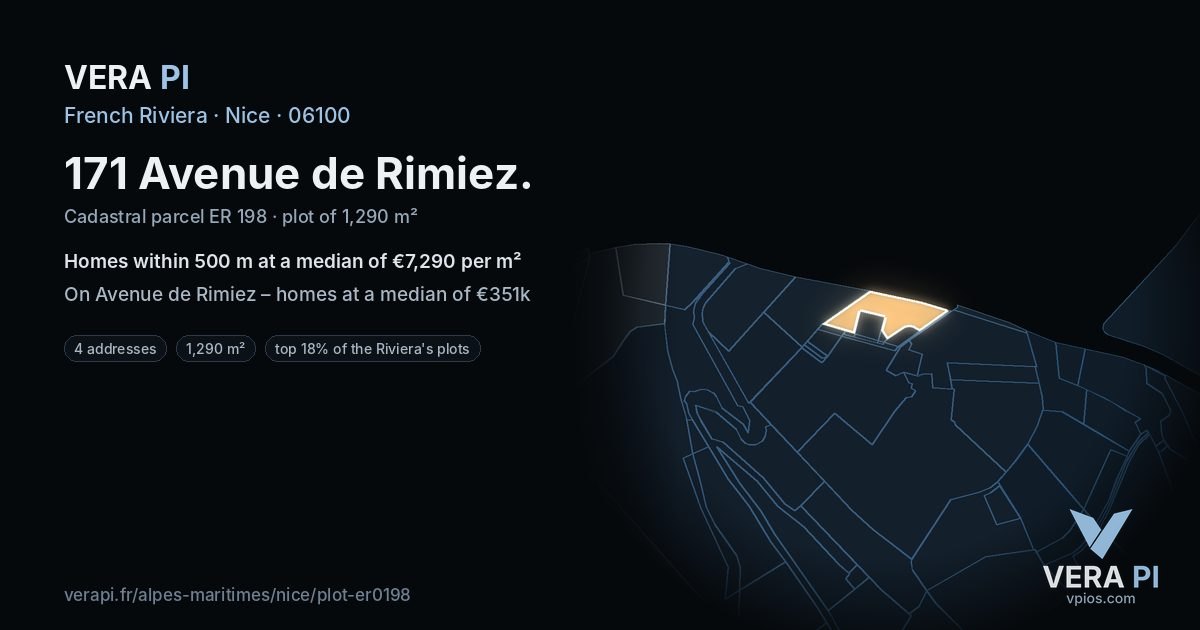171 Avenue de Rimiez, Nice at night – the plot lit, the parcels around coloured by the prices near them