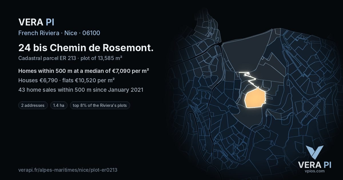 24 bis Chemin de Rosemont, Nice at night – the plot lit, the parcels around coloured by the prices near them