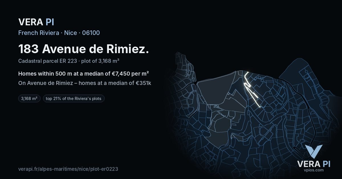 183 Avenue de Rimiez, Nice at night – the plot lit, the parcels around coloured by the prices near them