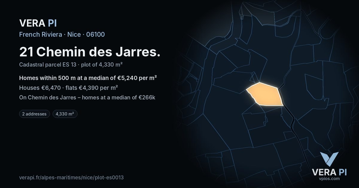 21 Chemin des Jarres, Nice at night – the plot lit, the parcels around coloured by the prices near them