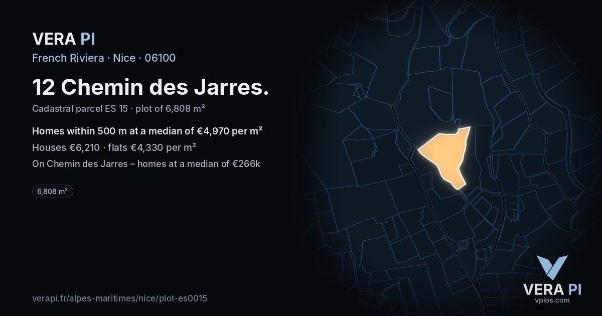 12 Chemin des Jarres, Nice at night – the plot lit, the parcels around coloured by the prices near them