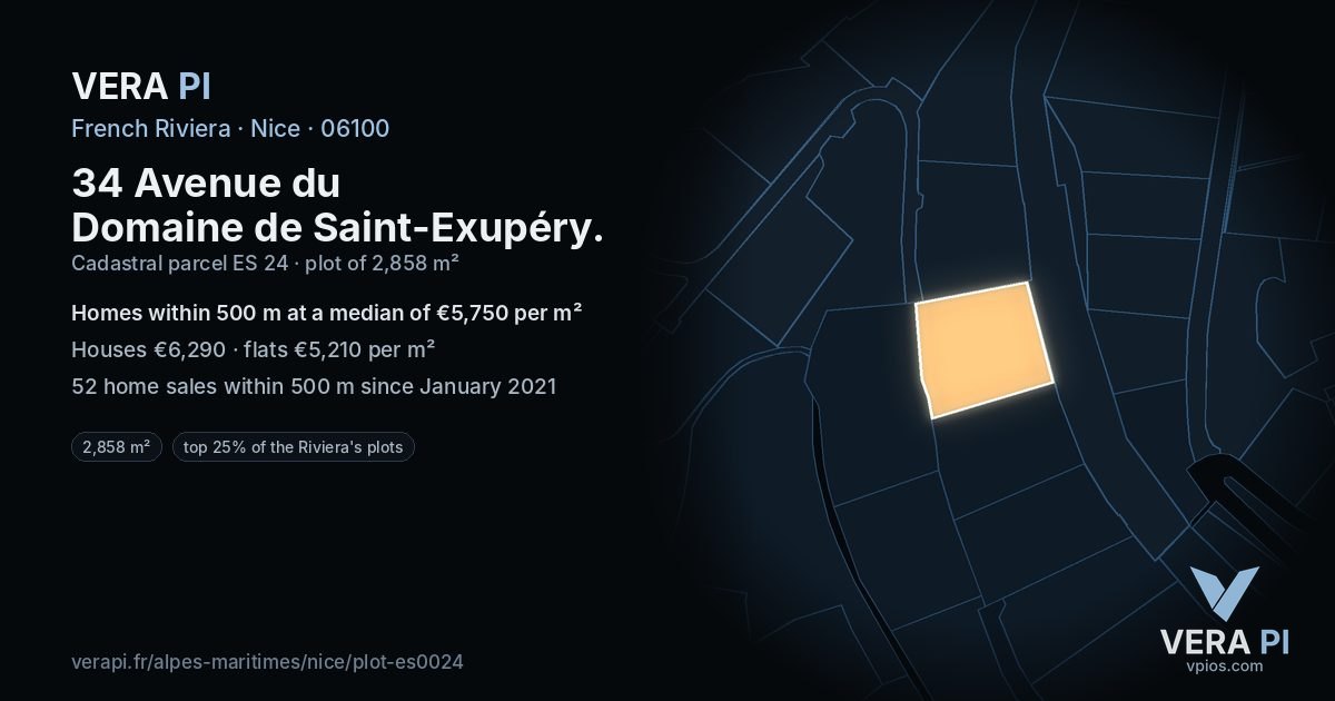 34 Avenue du Domaine de Saint-Exupéry, Nice at night – the plot lit, the parcels around coloured by the prices near them