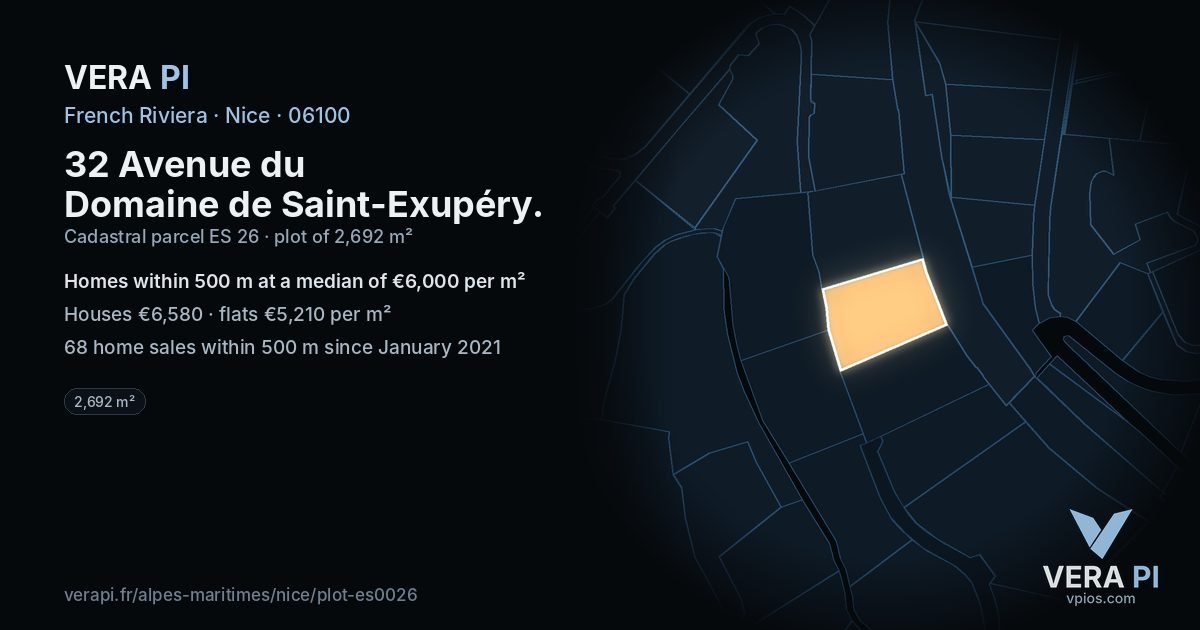32 Avenue du Domaine de Saint-Exupéry, Nice at night – the plot lit, the parcels around coloured by the prices near them
