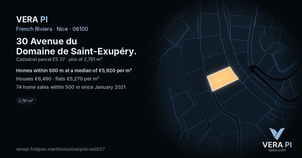 30 Avenue du Domaine de Saint-Exupéry, Nice at night – the plot lit, the parcels around coloured by the prices near them