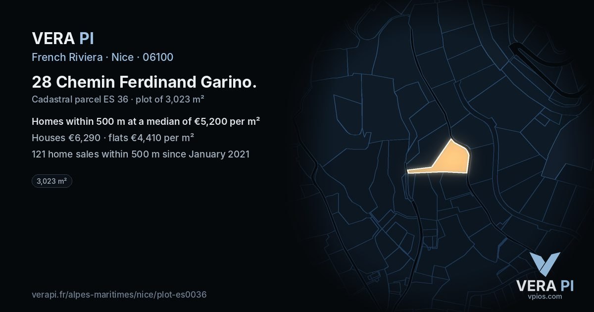 28 Chemin Ferdinand Garino, Nice at night – the plot lit, the parcels around coloured by the prices near them