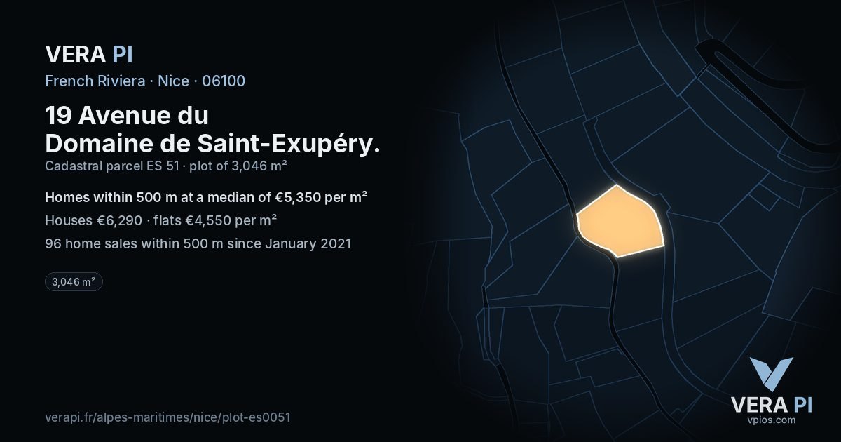 19 Avenue du Domaine de Saint-Exupéry, Nice at night – the plot lit, the parcels around coloured by the prices near them