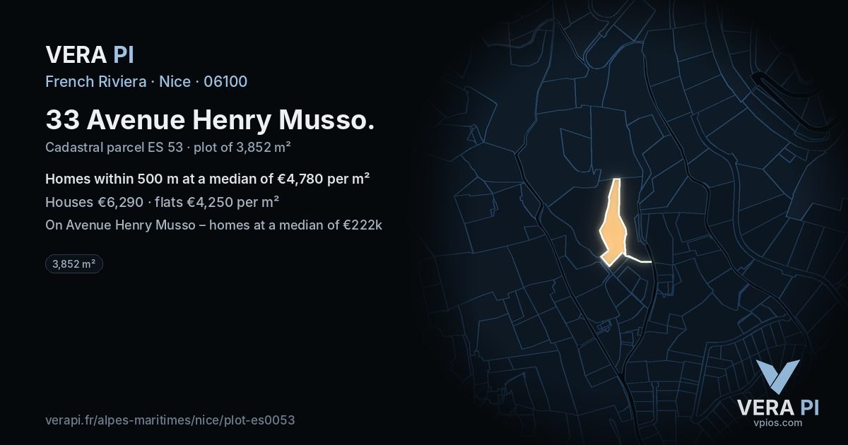 33 Avenue Henry Musso, Nice at night – the plot lit, the parcels around coloured by the prices near them