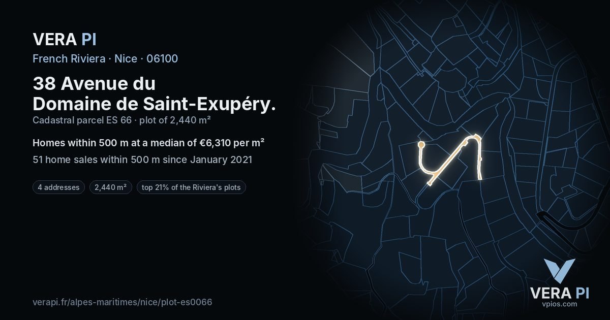 38 Avenue du Domaine de Saint-Exupéry, Nice at night – the plot lit, the parcels around coloured by the prices near them