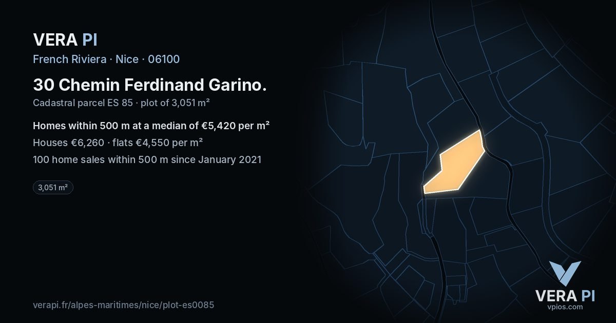 30 Chemin Ferdinand Garino, Nice at night – the plot lit, the parcels around coloured by the prices near them
