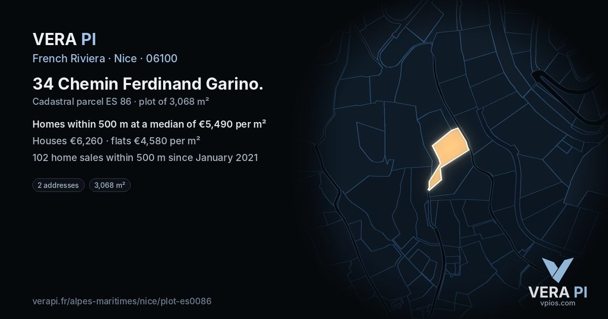 34 Chemin Ferdinand Garino, Nice at night – the plot lit, the parcels around coloured by the prices near them