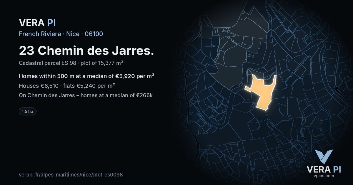 23 Chemin des Jarres, Nice at night – the plot lit, the parcels around coloured by the prices near them