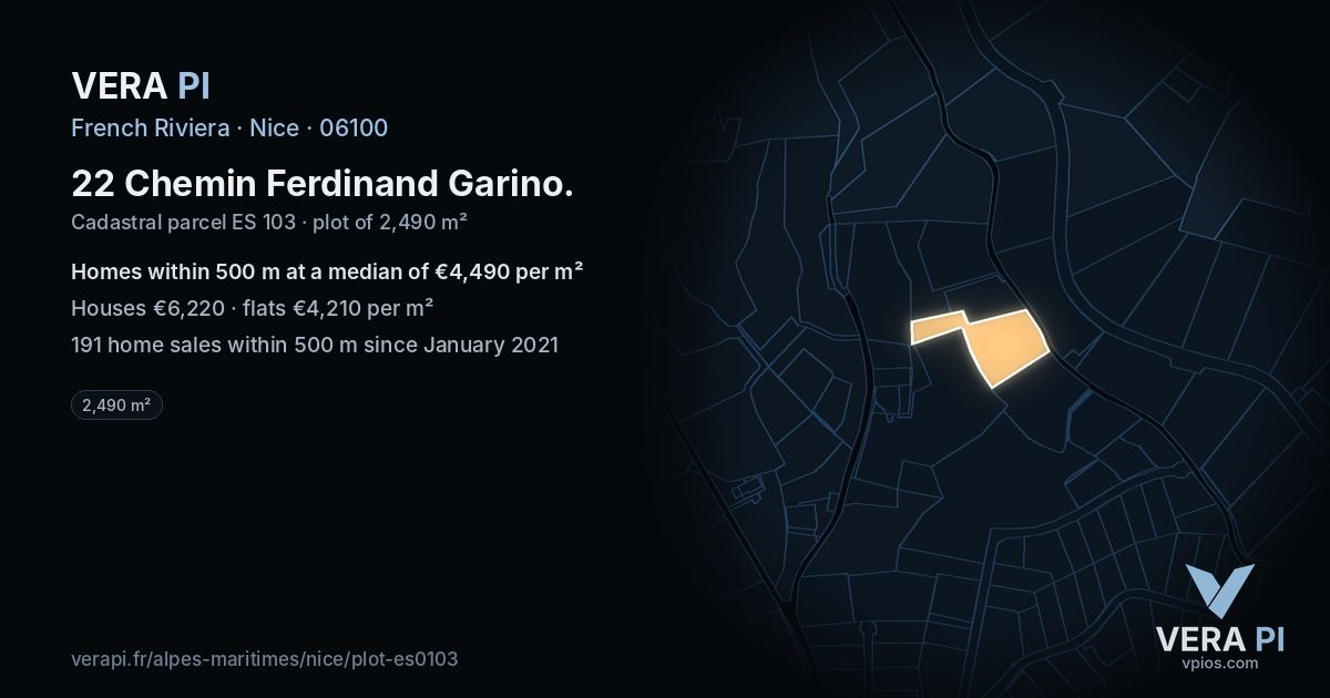 22 Chemin Ferdinand Garino, Nice at night – the plot lit, the parcels around coloured by the prices near them