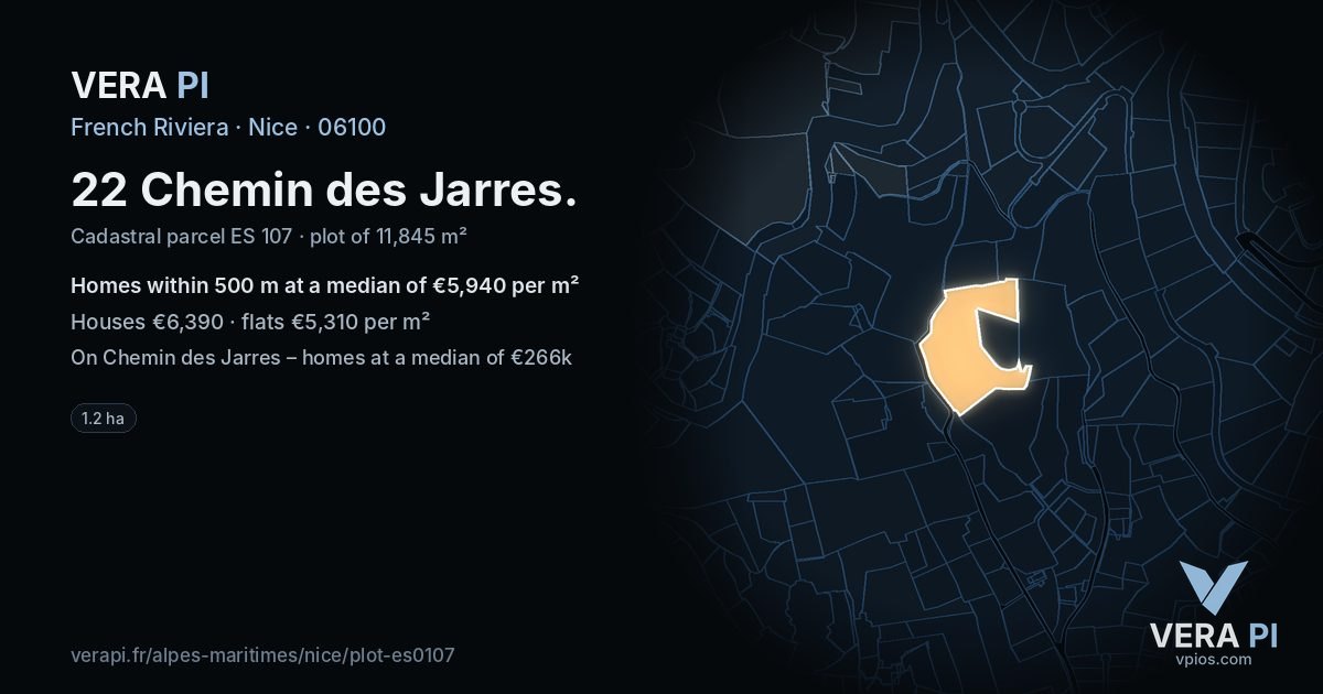 22 Chemin des Jarres, Nice at night – the plot lit, the parcels around coloured by the prices near them