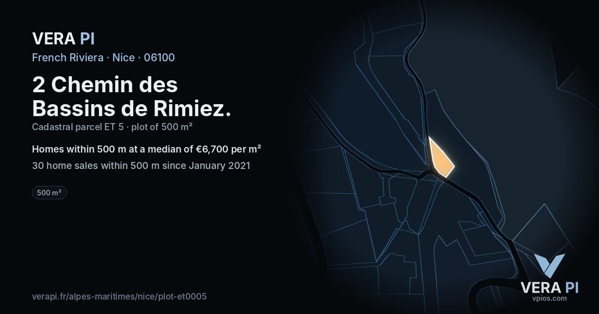 2 Chemin des Bassins de Rimiez, Nice at night – the plot lit, the parcels around coloured by the prices near them