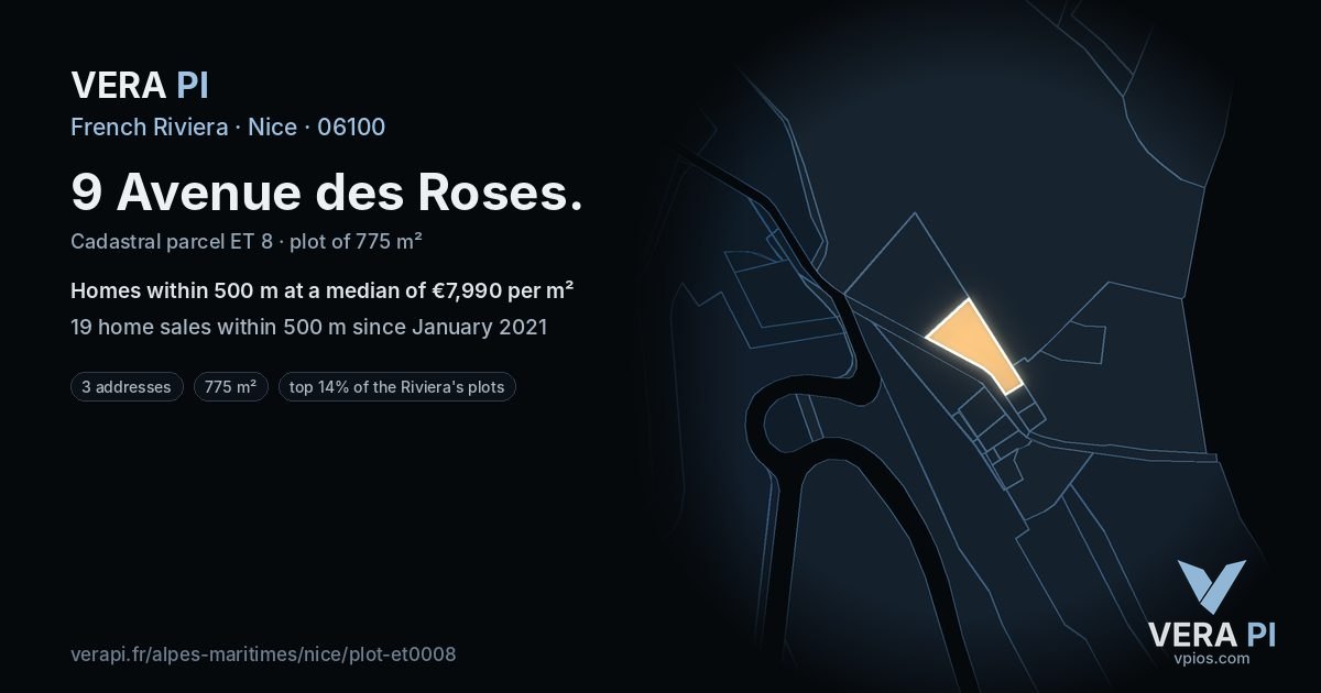 9 Avenue des Roses, Nice at night – the plot lit, the parcels around coloured by the prices near them