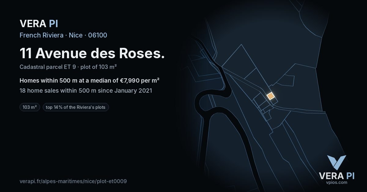 11 Avenue des Roses, Nice at night – the plot lit, the parcels around coloured by the prices near them
