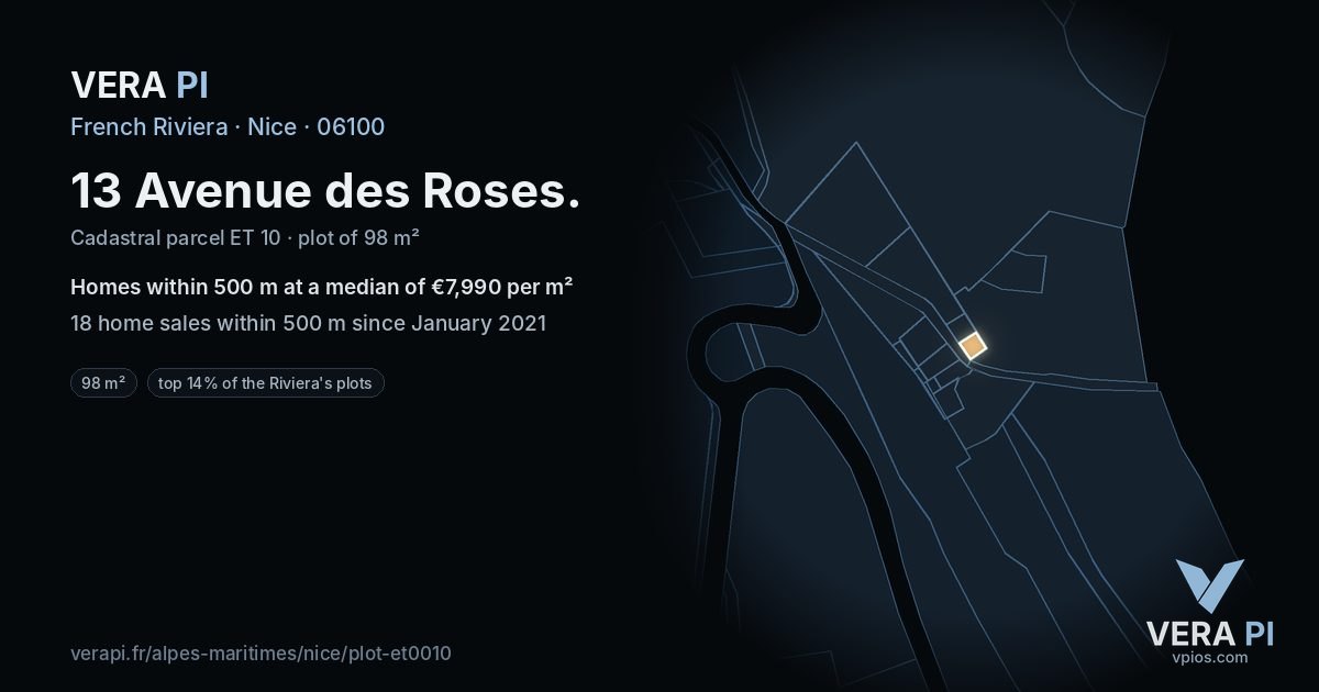 13 Avenue des Roses, Nice at night – the plot lit, the parcels around coloured by the prices near them