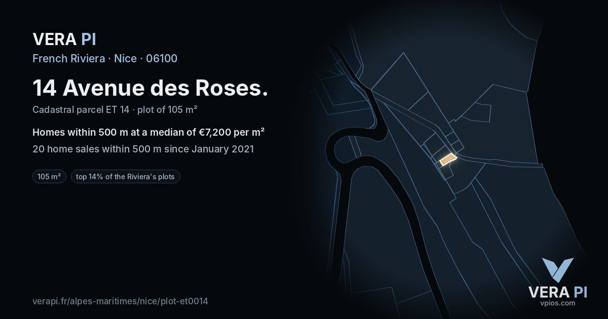 14 Avenue des Roses, Nice at night – the plot lit, the parcels around coloured by the prices near them
