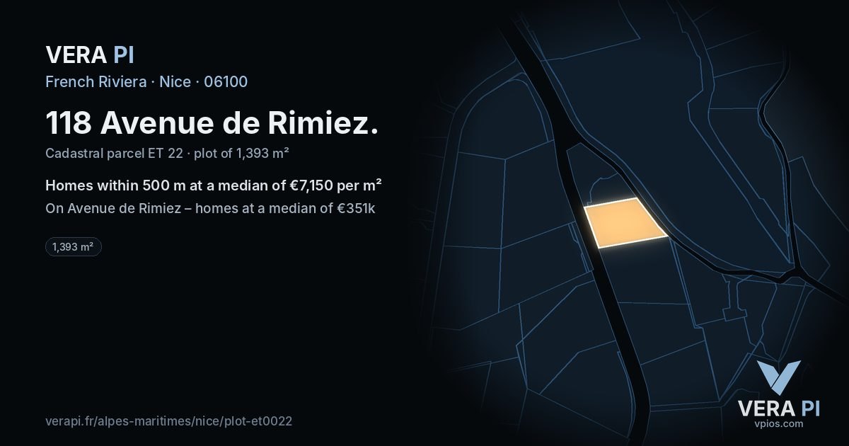 118 Avenue de Rimiez, Nice at night – the plot lit, the parcels around coloured by the prices near them