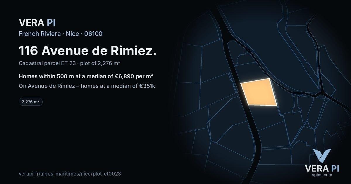 116 Avenue de Rimiez, Nice at night – the plot lit, the parcels around coloured by the prices near them