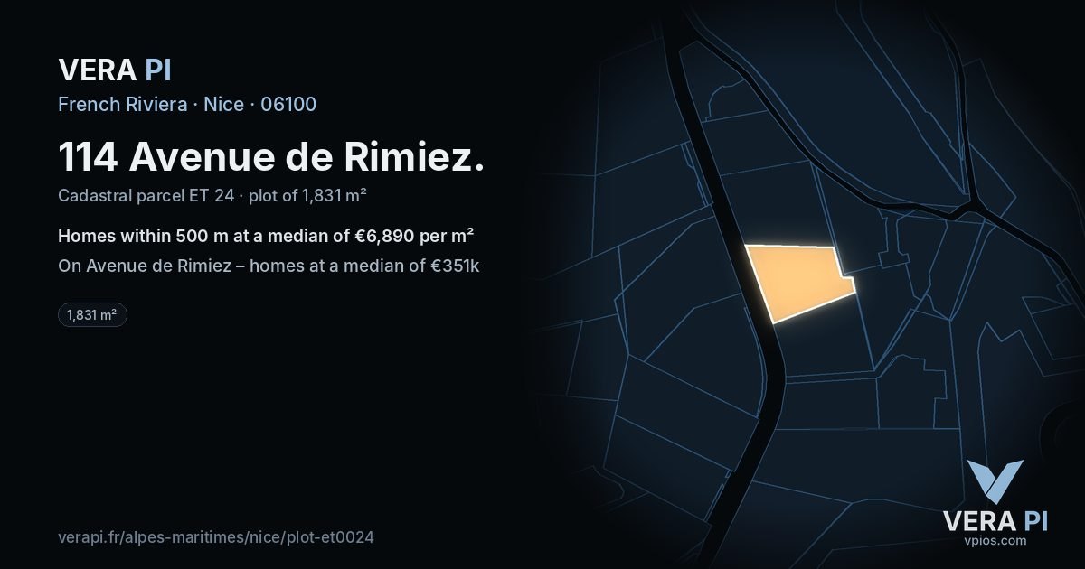 114 Avenue de Rimiez, Nice at night – the plot lit, the parcels around coloured by the prices near them
