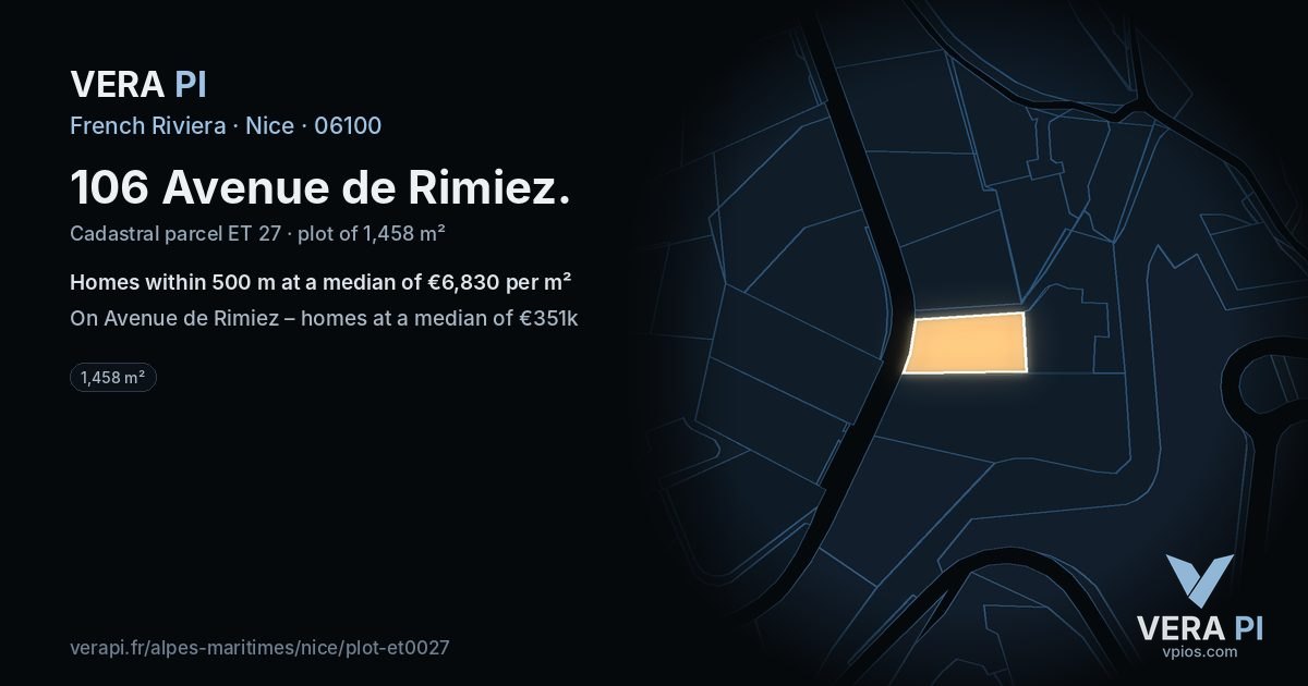 106 Avenue de Rimiez, Nice at night – the plot lit, the parcels around coloured by the prices near them